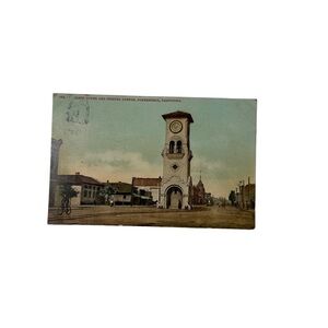 Vtg 1910 Postcard Clock Tower Chester Avenue Bakersville CA Horse Trolley Posted